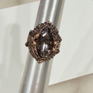 Antique-Style Smoky Crystal Marquise Brass Ring with Butterfly Accents